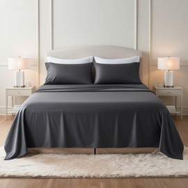Luxury 100% Egyptian Cotton Bed Sheet Set - 200 Thread Count, 30cm Deep Pocket Fitted Sheet, Flat Sheet & Pillowcase(s) 50x75cm - Single, Double, King & Super King Sizes (Charcoal, Single)
