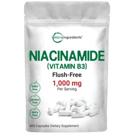 Vitamin B3 Niacinamide 500mg Per Capsule, 400 Capsules | 1,000mg Flush Free Niacin Per Serving, Essential B Vitamin Supplement | Skin Care Health & Energy Support | Non-GMO, Gluten Free