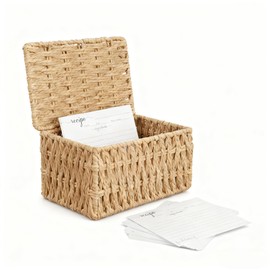 Mowhut Recipe Box with Lid, Handwoven Recipe Book Holder, 50 PCS 4 x 6 Inch Recipes Cards and Box Set, Farmhouse Kitchen Decor, Cute Card Box for Bridal Showers, Weddings, Cooking Lover Kitchen