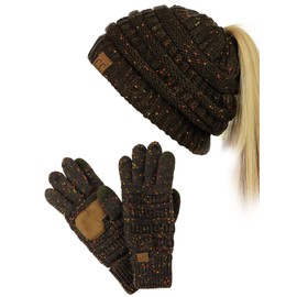 C.C BeanieTail Messy High Bun Cable Knit Beanie and Anti-Slip Touchscreen Gloves Set, Confetti Brown
