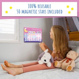 Amonev Children's Magnetic Bedtime Routine Reward Chart. Magnetic Sticker Chart. Reusable Wall Chart (Pink)