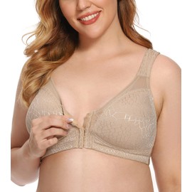 Exclare Women's Front Closure Posture Back Full Coverage Wirefree Everyday Bra(44C, Beige)