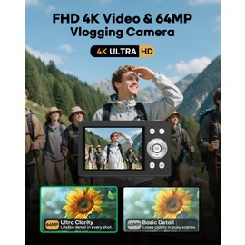 Digital Camera, 4K Vlogging Camera with Autofocus, 64MP, 16X Zoom, 64GB Card Included, Built-in Battery, Small Digital Camera for Teen Adult Beginners, Ideal for Travel & YouTube - Black