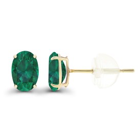 14K Yellow Gold Plated Sterling Silver 7x5mm Oval Created Green Emerald May Birthstone Genuine Stud Earrings For Women