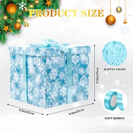 Jaywayang Caja de regalo grande de Navidad de 10 pulgadas con tapa y cinta, caja de regalo de copo de nieve azul con relleno de papel para envolver regalos de Navidad