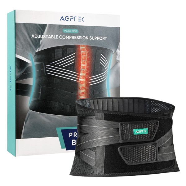 AGPTEK Back Support Brace with 7 Stays, Breathable Mesh Lumbar Support Belt, Double Compression Adjustment Lower Back Pain Relief Belt for Men Women, M: 29.5-37.4in