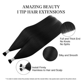 ABH AmazingBeauty Hair I Tip Hair Extensions Human Hair Straight Color 1 Jet Black Hair Extensions 50g 50strands Invisible Silky Straight Remy Natural Hair Extensions Tips 16 Inch