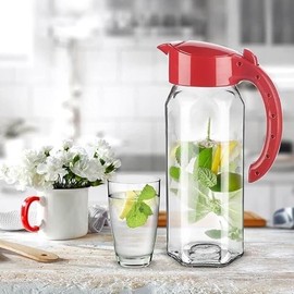 Pro Home Glass Jug with Removable Plastic Lid 1.5 Liter Pitcher Water Juice Jug for Fridge Beverage Hot/Cold Water Ice Tea Coffee Milk Transparent Pitcher Glass Jug with Lid (Red)