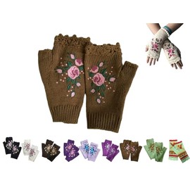 YAQUEKOU Hand Embroidered Fingerless Gloves Women's Winter Flowers Embroidery Arm Warmers Gloves Women's Pulse Warmer Knitted Hand Warmers Short Knitted Half Fingerless Mittens Fingerless Hand Warmer,