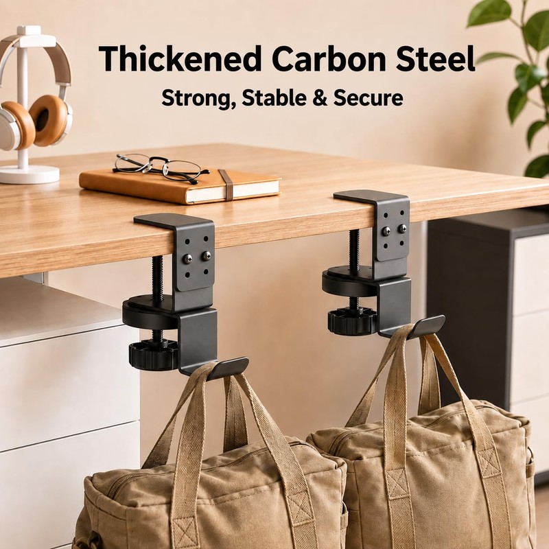 Clamp-On Desk Hook, 360° Rotating Purse and Backpack Hanger