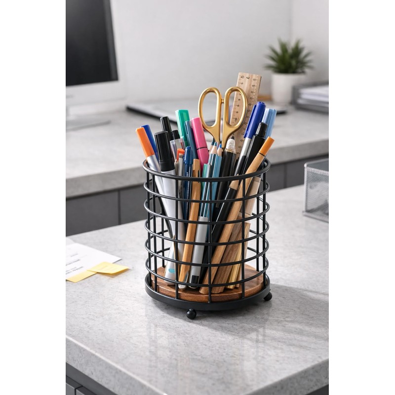 Eden & Willow Rustic Metal Cutlery Holder Basket with Wooden