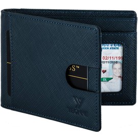 YBONNE RFID Blocking Slim Bifold Wallets for Men, Made of Finest Genuine Leather (Saffiano Denim Blue)