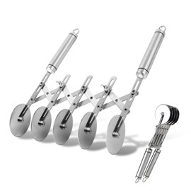 Foyucool Pastry Cutter Wheel with Handle, 5 Wheel Pastry Cutter, Multi-Round Dough Cutter Roller, Adjustable Width, Food Grade Stainless Steel, for Pizza, Bread and Dough