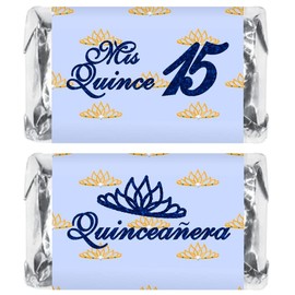 Mis Quince Miniature Candy Bar Wrapper, Quinceanera Mini Chocolate Bar Stickers for 15 Birthday Party, Table Top Event Decorations, (Set of 60) Candy Not Included. (Blue)