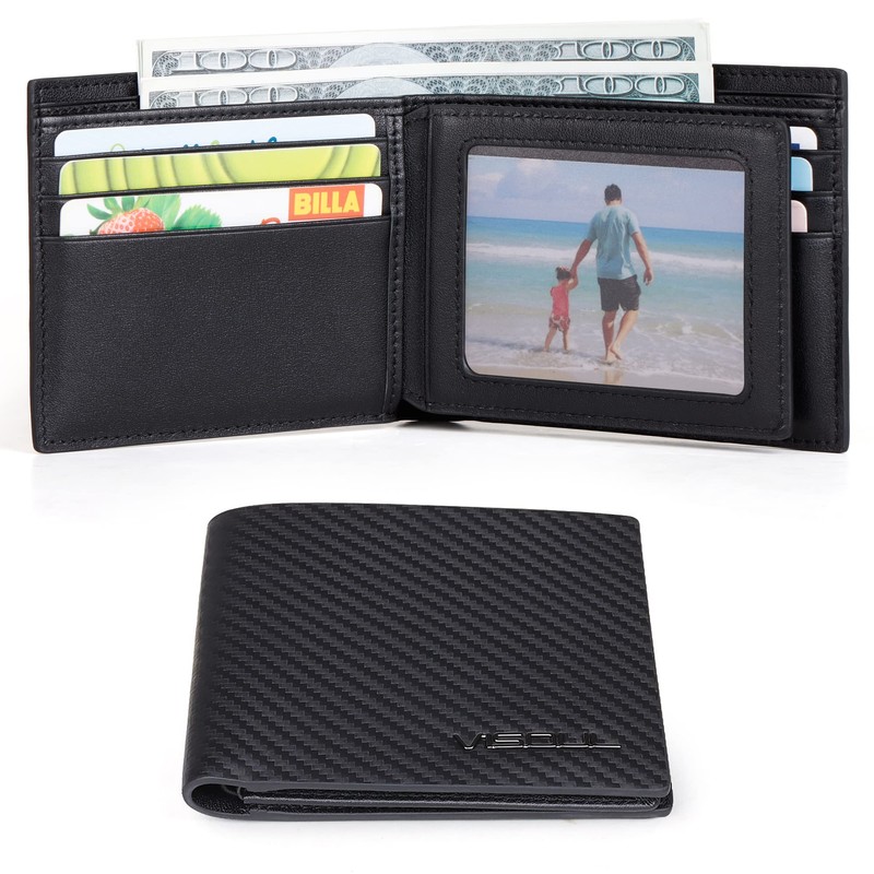 VISOUL Mens Bifold Wallet with 2 ID Windows Carbon Fiber