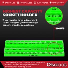 Olsa Tools Magnetic Socket Organizer (1/4-Inch Drive, 3 Row) - Magnetic Tool Organizer & Socket Holder - Tool Box Socket Organizers - SAE Green - Holds 39 Sockets - Professional Grade - Part: 1548