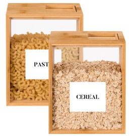 EZFXHD WTER Food Dispenser 2L,2 Pack Easy-to-Clean Bamboo Food Storage Containers Featuring a Removable PVC Door Panel，Cereal Cispensers For Serving Tea,Coffee,Sugar,Candy,Pasta,Spice
