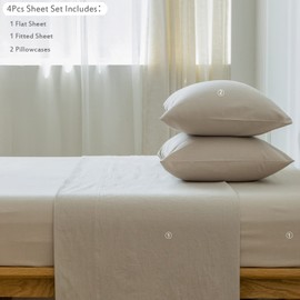 MooMee Bedding Sheet Set 100% Washed Cotton Linen Like Textured Breathable Durable Soft Comfy (Cream Grey, Full)