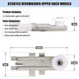 8268743 Dishwasher Upper Rack Wheels WP8268743 for KitchenAid Whirlpool Dishwasher Upper Rack Roller Replacement Part Replaces 830899 AP6012252 PS11745459 EAP11745459 (4Pcs)