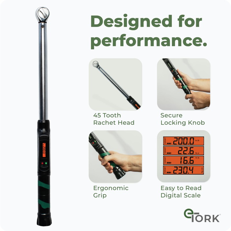 eTORK Digital Torque Wrench 1/2" Drive (25-250 ft-lb) - Professional