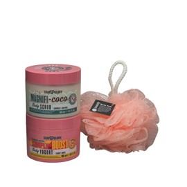 Soap Glory Body Care Bundle | Magnifi-Coco Exfoliating Body Scrub 300ml & Simply The Boost Yogurt Body Moisturiser 300ml | Smooth & Hydrate for Radiant Skin With Free Beauty Body Puff(Any Colour)
