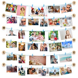 MOVEONSTEP Hanging Photo Display for Wall with 36 Clips, Picture Frames for Multiple Pictures, Greeting Card Holder Photo Display Board for Living Room, Bedroom, Home Decor, No Holes Drilling (BLUE)