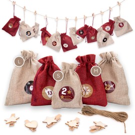 DIY Advent Calendar Set for Filling - 24 Beige and Red Fabric Bags with Number Stickers, Wooden Pegs and Cord for Christmas