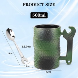 Umllpet Tyre Cup with Spoon 500 ml, Large Ceramic Coffee Cup, 3D Handle Car Cup, Father's Day Gift for Men, Dad, Car Lovers & Mechanics, Ideal for Office, Home and Birthday (Green)