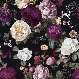 XRUIBZI Black Floral Wallpaper Peel and Stick Gothic Floral Vinyl Wallpaper Colorful Contact Paper for Cabinet Waterproof Self Adhesive Retro Wall Paper for Kitchen Countertop Wall 17.5" x 393"