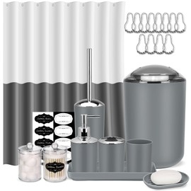IMAVO Grey Bathroom Set,22Pcs Bathroom Accessories Set with Shower Curtain,Trash Can,Tray,Soap Dispenser,Soap Dish,Toothbrush Holder,Toothbrush Cup,Toilet Brush Holder and Qtip Holders