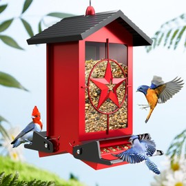 Squirrel Proof Bird Feeder for Outdoors Hanging, Metal Wild Bird Seed Feeder with Bilateral Weight-Activated Perches, 5LB Large Capacity Wild Bird Feeders for Outside Finch, Cardinal, Blue Jay