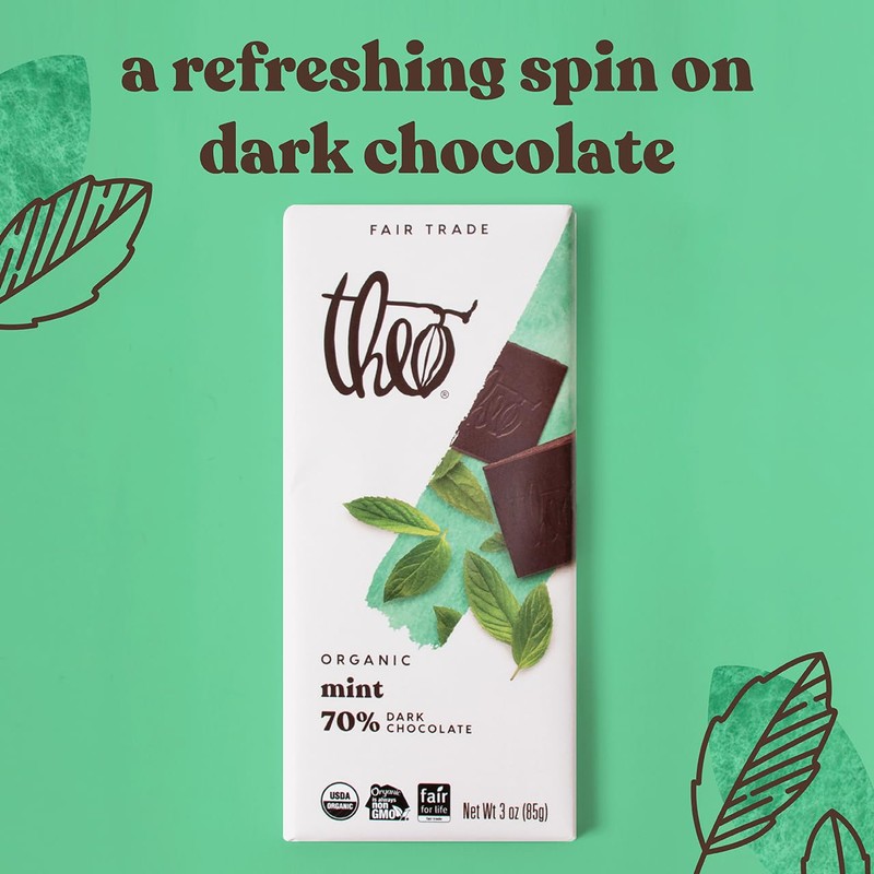 Theo Chocolate Mint Organic Dark Chocolate Bar, 70% Cacao, 12