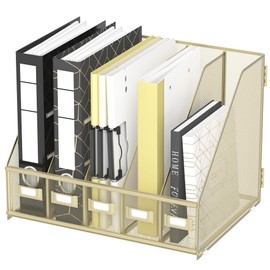 DALTACK Desk Organizers Magazine Binder Folder Holder with 5 Vertical Compartments File Organizer for Office Home School Organization, Metal Mesh, Golden Yellow