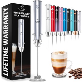 Zulay Kitchen Lux Rechargeable Milk Frother Handheld - Powerful 2-Speed Motor, Fully Waterproof, 2000mAh Battery - Drink Mixer For Latte, Cappuccino, Matcha, Protein Powder - Silver