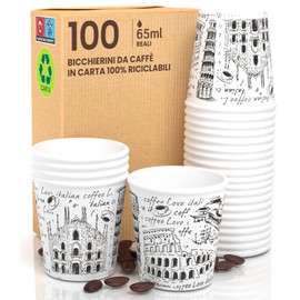 100 Paper Coffee Cups 65ml Italy White Eco Friendly Biodegradable Disposable Cups Small Takeaway Hot Drinks