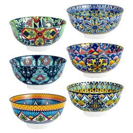 HENXFEN LEAD Boho Cereal and Soup Bowls Set of 6 – 24 oz Colorful Ceramic Bowl for Kitchen, Perfect for Oatmeal, Pasta, Salad, Dessert, Fruit – Microwave & Dishwasher Safe