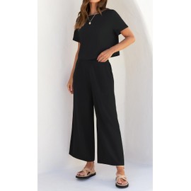 ZESICA Women's 2 Piece Outfits Linen Short Sleeve Crop Top and Wide Leg Pants Lounge Matching Set Tracksuits Trendy Clothes,Black,Medium