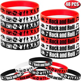 CupaPlay 48PCS Rock and Roll Rubber Bracelets Party Favors -Rock and Roll Theme Party Supplies Decorations -80s 90s Party Music/Musical Birthday Baby Shower Silicone Wristbands Party favors