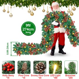 Christmas Garland with Lights, 9ft 30LED Battery Operated Garland Decorated with Pine Cones, Berry, Artificial Snowy Pine, Indoor & Outdoor Xmas Garland for Stairs Fireplace Door Fences