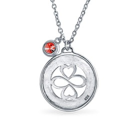 Ayllu Amulet Talisman Intertwine Symbol Heart Infinity Clover For Love Luck Unity Inspirational Words Round Disc BFF Pendant Necklace For Women Teens Sterling Silver Red Crystal January Birth Month