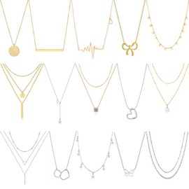 Myofeng 15Pcs Gold Necklaces Set for Women 14k Gold Plated Dainty Trendy Pendant Chain Choker Pack Multilayer Necklace Set for Women Adjustable Jewelry Gift