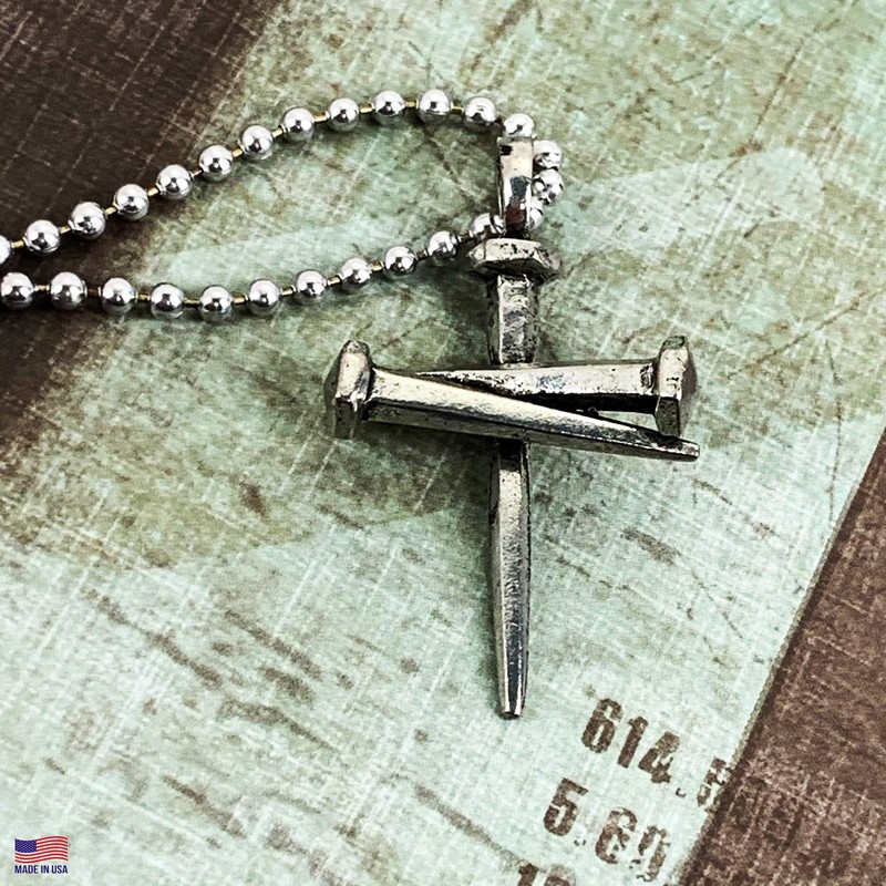 FORGIVEN JEWELRY 3 Nail Cross Antique Silver Finish Pendant Aluminum