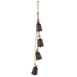 Deco 79 Metal Indoor Outdoor Decorative Bells Cluster Meditation Bell with Jute Hanging Rope, Cow Bell 4" x 3" x 29", Black