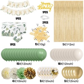 Sage Green Birthday Decorations, Sage Green Party Decorations, Green White Sand Balloons Happy Birthday Banner Tablecloth Fringe Curtain Paper Pom Poms for Kids Women Men Girls Boys Birthday