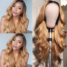 GzorOuzr 1b27 Body Wave Lace Closure Wigs Ombre Human Hair 4x4 Lace Closure Wigs Honey Blonde Wig with Baby Hair Glueless Lace Closure Wig for Woman Brazilian Human Hair Wig 14 Inch