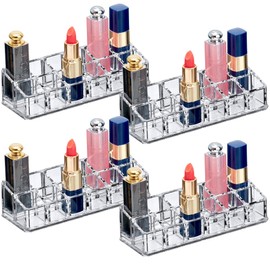 WWEsemeren 4 Pack 12 Slot Acrylic Lipstick Organizer, Lipstick Holder, Lip Gloss Holder, Cosmetic Storage Display, Perfect Storage Solution for Drawer and Vanity (Slot Size: 0.9" x 0.9")