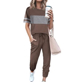 PRETTYGARDEN Women's Two Piece Outfit Short Sleeve Pullover with Drawstring Long Pants Tracksuit Jogger Set (Striped Dark Khaki,X-Large)