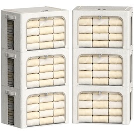 6 Pack Clothes Storage Bins with Metal Frame 100L Foldable Storage Bins for Clothes Linen Fabric Storage Box with Clear Window (Lvory White, 23.6x16.5x15.7inch(100L))