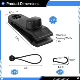45 PCS Outdoor Tarp Clips, Heavy Duty Lock Grips, Thumb Screw Tent Clip, 15 Tarp Clips with 15 Bungee Cords and 15 Carabiners, Windproof Tent Clips for Camping, Hiking, Boat Covers
