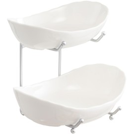 HBlife Fruit Bowl for Kitchen Counter - 2 Tier Ceramic Fruit Bowl with Metal Stand, Tiered Fruit Basket for Kitchen, Snack, Dessert Tray Plate Rack for Party